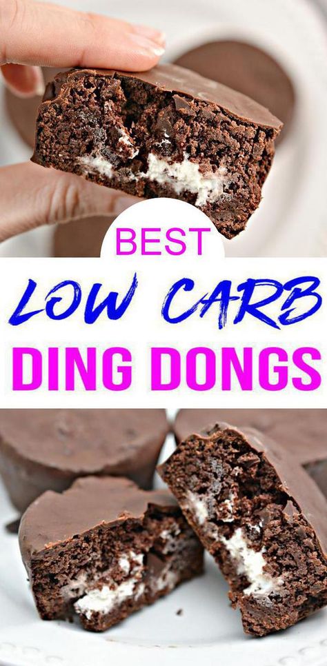 copycat low carb hostess ding gons on white plate. 1 mini chocolate cake cut open to show creamy filling