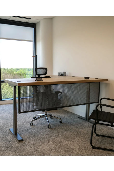 Productivity and versatility at the touch of a button. Our Height Adjustable desk with modesty panel is the perfect way to make sure you get your employees standing. This desk is quiet enough for an office space. Our modesty panel offers an additional level of privacy.  #desk #furniture #deskdecor #officefurniture  #deskdesign #officedesk #workdesk #desks #homedecor #desksetup #ironageoffice Height Adjustable Desk, Modesty Panel, Sit To Stand, Office Reception, Collaboration Space, Cool Office, Iron Age, Adjustable Desk, Adjustable Height Desk