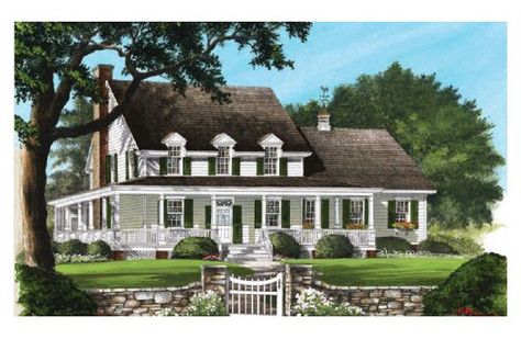 Front Elevation Homes With Wrap Around Porches, Southern Style House Plans, Southern House Plan, Farmhouse Fireplace, Southern House Plans, Farmhouse Traditional, Country Style House Plans, White Picket Fence, Country House Plan