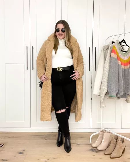 Teddy Sweater Outfit, Sweater Outfit Plus Size, Gucci Belt Outfit, Belt Outfit, Teddy Sweater, Outfit Plus Size, Belted Sweater, Sweater Outfit, Teddy Coat