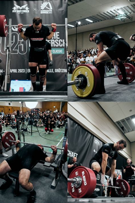 Collage of images from German Nationals 2023 showcasing powerlifting moments: squat performance, bench press celebration, and deadlift setup. Powerlifting Workouts, Powerlifting Training, Competition Prep, Dream Future, Gym Aesthetic, Big Three, Lifting Weights, Personal Journey, Bench Press