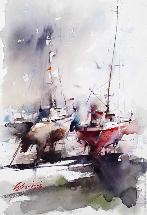 Giuliano Boscaini Painting Watercolor Boat, Marine Art, Boat Art, Boat Painting, Watercolor Artists, Watercolor Inspiration, Pablo Picasso, Watercolor Landscape, 그림 그리기