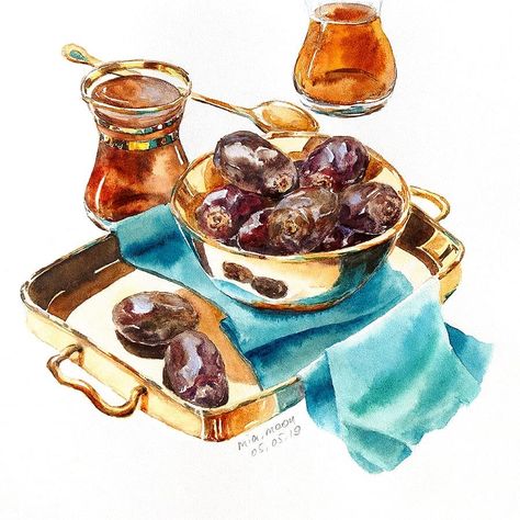 Ramadan Watercolor, Ramadan Wallpaper, Cup Printing, Ramadan Illustration, Muslim Friends, Still Life Sketch, Stickers Food, Dubai Art, Food Art Painting