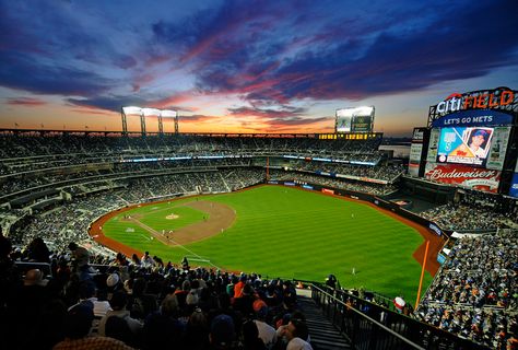 What to Eat at Citi Field, Home of the New York Mets Major League Baseball Stadiums, Lets Go Mets, Citi Field, Baseball Hitting, Field Wallpaper, New Pizza, Mets Baseball, Shrimp Skewers, Baseball Uniforms