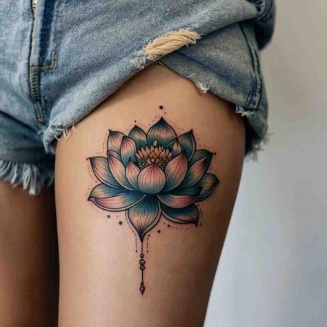 75+ Unique Thigh Tattoos for Women: Design Ideas with Deep Meanings Back Thigh Tattoos Women, Flower Tattoo Thigh, Unique Thigh Tattoos, Tattoos For Women Design, Purple Lotus Tattoo, Blue Lotus Tattoo, Back Of Thigh Tattoo, Thigh Tattoos For Women, Purple Lotus