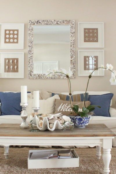 DIY Oyster Shell Mirror Shabby Chic Farmhouse Living Room, Blue And White Living Room, Farmhouse Living Room Decor Ideas, Diy Living Room Decor, Coastal Living Rooms, Brown Living Room, Farmhouse Decor Living Room, White Living Room, Rustic Living Room