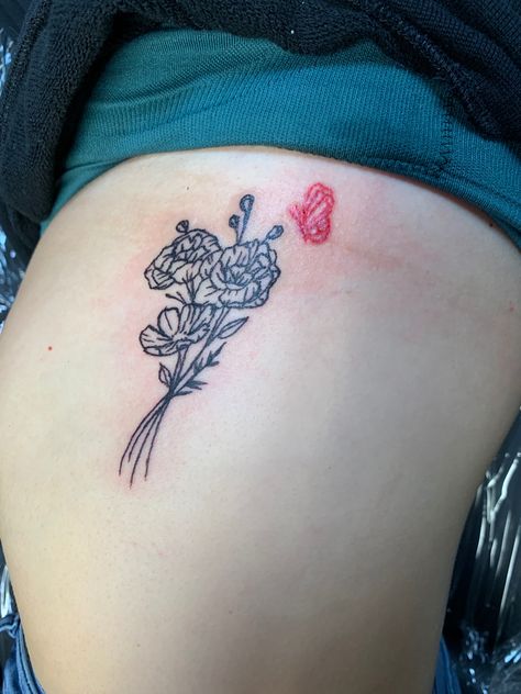 Carnation Tattoo With Butterfly, Carnation With Butterfly Tattoo, Tattoo With Butterfly, Stick Poke, Carnation Tattoo, Stick Poke Tattoo, Tulip Tattoo, Daisy Tattoo, Small Butterfly