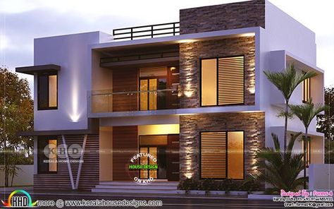 Night view of 4 bedroom 1800 sq-ft 1800 Sq Ft House Plans, California Bedroom Style, Kollam Kerala, Kerala Home Design, Flat Plan, Kerala Home, Flat Roof House, Bedroom Contemporary, Modern Contemporary Home