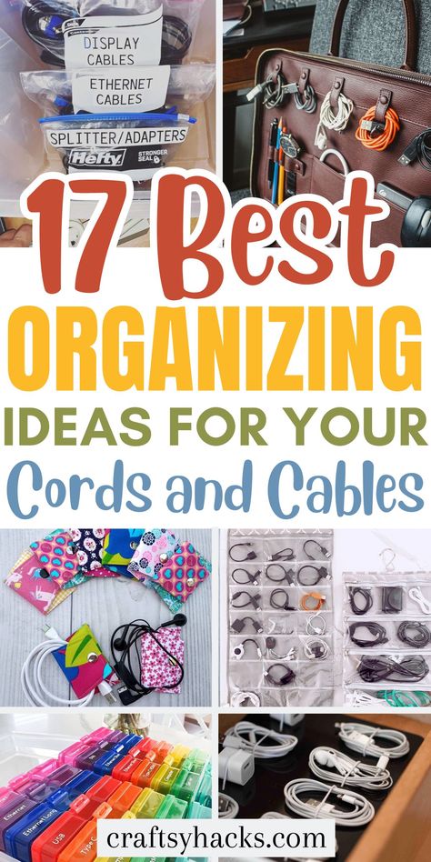 Streamline your space with these innovative cable organization tips that make managing cords a breeze! Whether you're looking for DIY cable organizers or creative storage solutions, these hacks will help you declutter and simplify your setup. Organising Cables And Chargers, Charger Cable Organizer Diy, Usb Cord Organization, Phone Cord Storage, Chargers Organization Ideas, How To Organize Cables And Cords, Cable Organization Diy, Cable Labels Diy, Power Cord Organization