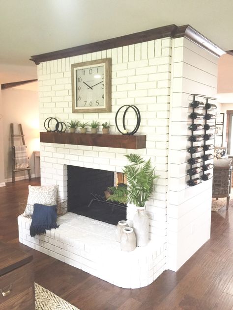 Fireplace Before And After Brick, Painted Brick Fireplace Before And After, Painted Fireplace Brick Before And After, Fireplace Renovation Before And After, Painted Fireplaces, Painting Bricks, Before And After Home Interior, Fireplace Paint, Diy Plank Wall