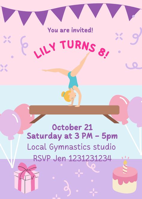 Gymnastics Theme Birthday, Gymnastics Theme Birthday Party, Gymnastics Birthday Invitations, Gymnastics Birthday Party, Gymnast Birthday Party, Gymnastics Birthday, Party Edit, Birthday Party Invite, Theme Birthday Party