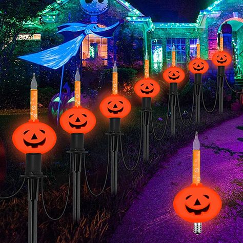 PRICES MAY VARY. 💡【2024 Halloween Pumpkin Path Lights】 13.5 Feet of Halloween pathway lights with 7 pack vintage pumpkin bubble lights. 12" lead cord with male plug, 24" distance between pumpkin pathway lights, 6" lead cord with female connector, total 13.5 feet 🎃【Fun-filled Halloween Pumpkin Stake Lights】 Our Halloween pathway markers lights boast a classic pumpkin shape with double-sided Jack O' smile and bubbling water that look like they are boiling for a spooky and amusing ambiance. Not o Halloween Walkway Lights, Halloween Pathway Lights, Diy Halloween Pathway Lights, Pumpkin Pathway Lights, Orange And Purple Halloween Lights, Walkway Lights, Outdoor Path, Halloween Facts, Bubble Lights