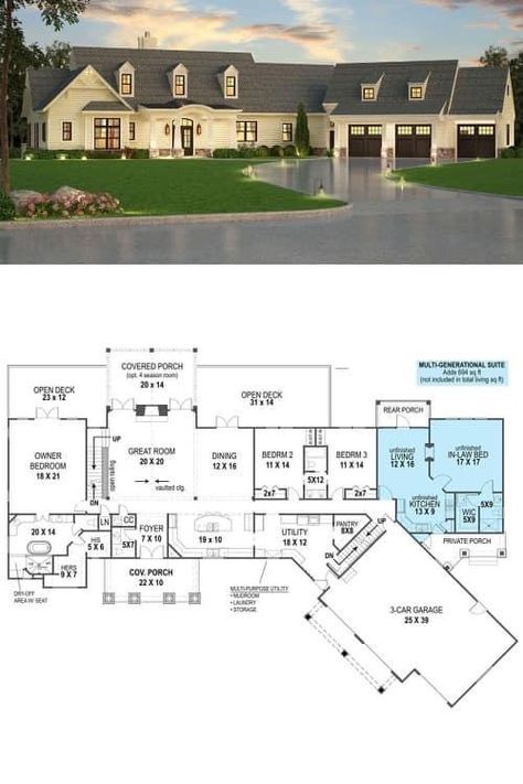 4000 Sq Ft House Plans, Country Mansion, Attached Garage, Beautiful House Plans, House Floor, Master Closet, Modern House Plans, In Law Suite, Blue Area