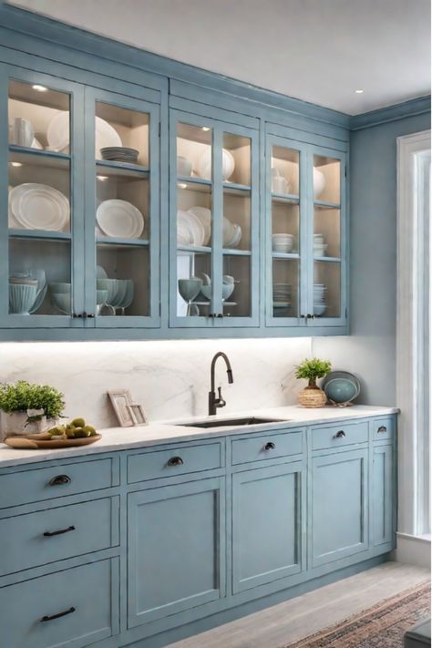 A kitchen with glass-fronted cabinets, showcasing the homeowner's stylish dishware collection. Blue Country Kitchen, Cabinet Makeover Ideas, Kitchen Big, Small Kitchen Cabinets, Hidden Potential, Kitchen Cabinets Makeover, Cabinet Makeover, Ideas Casa, Glass Cabinet Doors