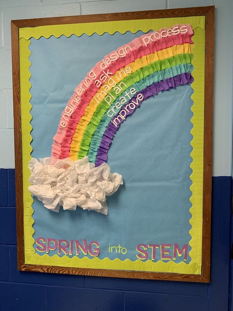 Spring STEM bulletin board 3d Bulletin Boards, March Stem, Stem Bulletin Boards, Spring Stem, Math Bulletin Boards, Summer Bulletin Boards, Birthday Boards, Steam Ideas, Preschool Bulletin