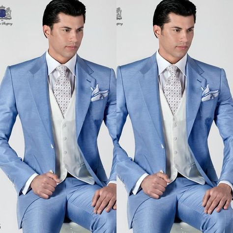 Blue Tuxedo Jacket, Blue Tuxedo Wedding, Suits Groomsmen, Sky Blue Weddings, Formal Suits Men, Men Suits Wedding, Mens Suits Modern, Prom Suits For Men, Tie Vest