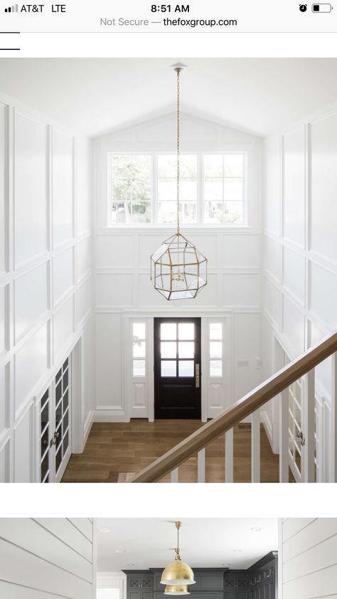 Front Foyer Ideas Entryway Modern, Stairwell Trim, Foyer Molding, Lighting Low Ceiling, Farmhouse Foyer Lighting, Foyer Window, Foyer Remodel, Moulding Wall, Entryway Staircase