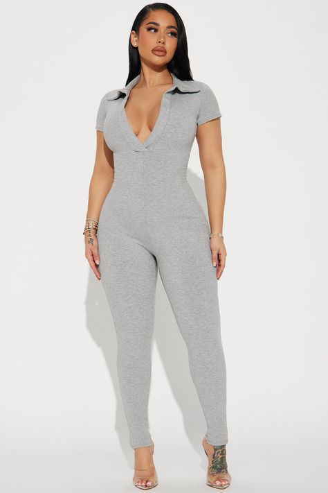 Available In Black And Heather Grey. Jumpsuit Deep V Neck Collar Short Sleeve Legging Stretch Compression Rib 86% Rayon 14% Spandex Imported | Shantel Snatched Jumpsuit in Heather Grey size Small by Fashion Nova Marilyn Melo, Fashion Nova Jumpsuit, V Neck Collar, Grey Jumpsuit, Fashion Nova Models, Hack Tool, Dinner Outfits, Pink Maxi Dress, Curve Dresses