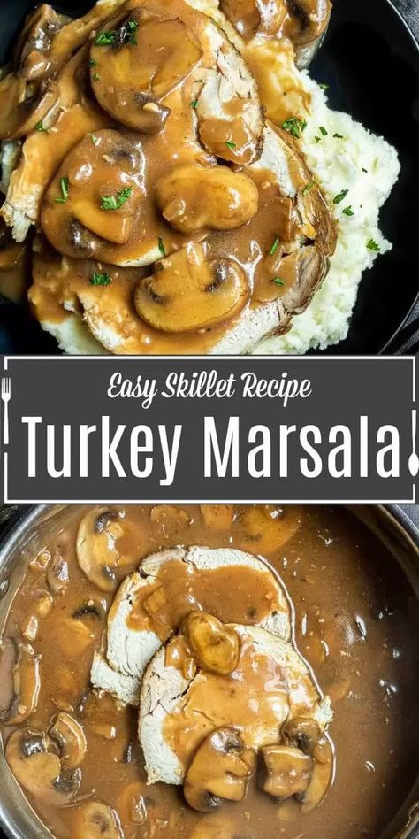 Turkey Marsala puts a seasonal spin on chicken marsala. This easy turkey marsala recipe uses turkey Instead of chicken making it the perfect way to use up those Thanksgiving leftovers! Delicious sliced turkey simmered in a rich, flavorful marsala sauce made with mushrooms and marsala wine. #marsala #thanksgivingleftovers #turkey #chicken #italian Turkey Marsala, Marsala Sauce Recipe, Turkey Cutlet Recipes, Cutlet Recipes, Chicken Italian, Chicken Lombardy Recipes, Chicken Lombardy, Cooking Turkey Breast, Marsala Sauce