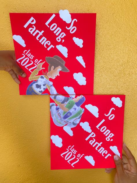 Toy story themed Graduation Cap Topper Toy Story Yearbook Theme, Toy Story Graduation Party, Toy Story Graduation Theme, Toy Story Graduation, Prom Poster, Graduation Canvas, Toy Story Decorations, Cheer Box, Prek Graduation