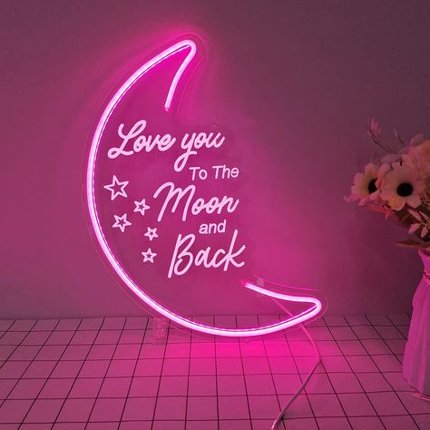 Wall 3d Art, Moon Neon Light, Pink Neon Sign, Wedding Anniversary Decorations, Neon Wall Art, Neon Signs Home, Fairy Lights Bedroom, Neon Wall, Neon Decor