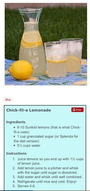 Chic Fil A Lemonade Recipe, Chick Fil A Frozen Lemonade Recipe, Chick Fil A Diet Lemonade Recipe, Diet Lemonade, Simply Lemonade Koolaid, Lemonade Diet, Simply Lemonade, Liquid Diet, Lemonade Recipe