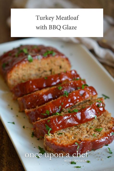 Turkey Meatloaf with BBQ Glaze  Generously seasoned and topped with a BBQ glaze, this turkey meatloaf is full-flavored and satisfying. A family favorite! Ground Turkey Meatloaf Recipes, Bbq Turkey Meatloaf, Ground Turkey Meatloaf, Turkey Meatloaf Recipes, Beef Meatloaf, Bbq Turkey, Once Upon A Chef, Turkey Meatloaf, Healthy Turkey