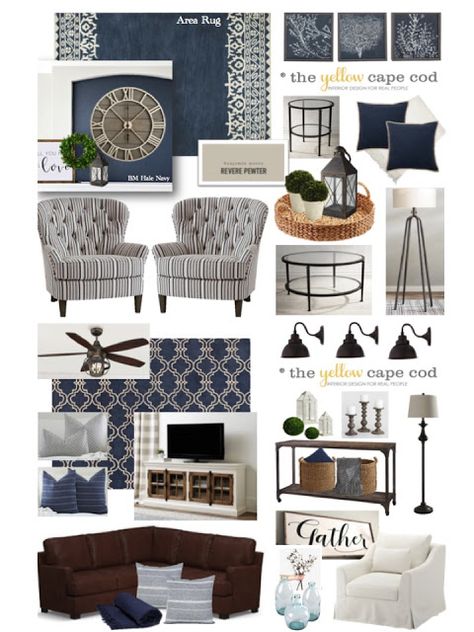 Two Room Navy Blue Coastal Inspired Design Plan Summer Living Room Decor, Yellow Cape Cod, Navy Blue Decor, Navy Living Rooms, Blue And White Living Room, Small Bedroom Remodel, Sala Grande, Yellow Living Room, Coastal Living Rooms