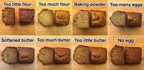 How common baking mistakes change a banana-bread loaf - Insider Baking Mistakes, Baking Banana Bread, Baking Banana, Measuring Flour, Banana Bread Loaf, No Rise Bread, Nutrition Food, Baking Substitutes, Bread Loaf