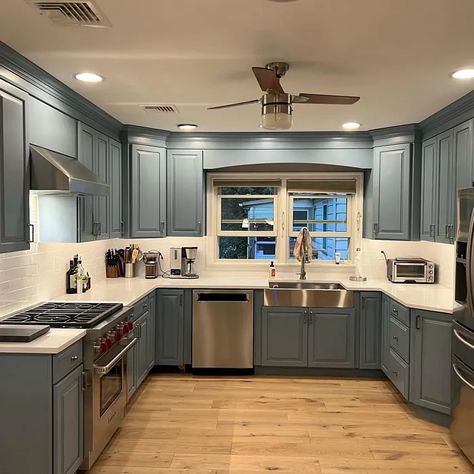 1649 Kitchen Cabinets Benjamin Moore Polaris Blue Cabinets, Polaris Blue Benjamin Moore Cabinets, Benjamin Moore Polaris Blue, Polaris Blue, Taupe Kitchen Cabinets, Taupe Kitchen, Blue Paint Color, Kitchen 2024, Blue Backsplash