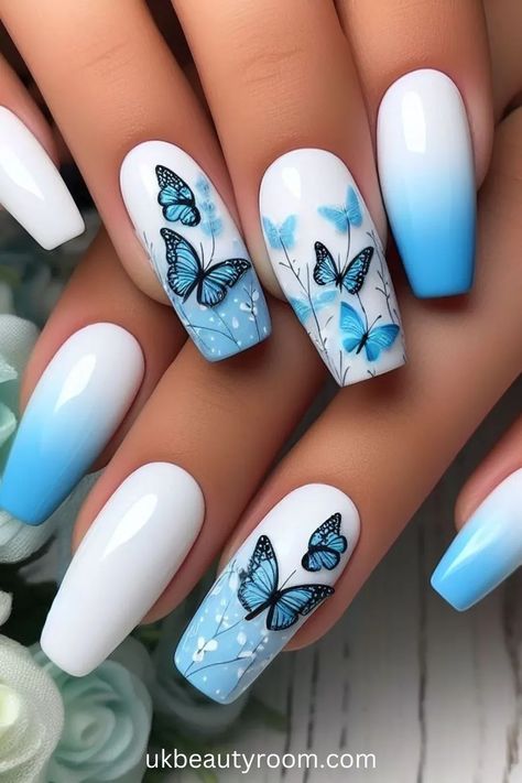 Blue and White Nails with Butterflies - Blue is a popular color in nail art because it has many shades and looks great on all skin tones. This post lists 43 different blue nail designs that showcase the versatility of this color, from subtle pastel blues to vibrant royal blues, providing plenty of inspiration for your next manicure. light, sky, royal, dark, short navy, pastel pink, winter, summer, spring, fall, pink and royal, short royal, acrylic, coffin, almond, simple, square, christmas Swirl Nails, Butterfly Nail Designs, Butterfly Nail Art, Fancy Nails Designs, Blue Nail Art, Blue Nail Designs, Blue Nail, Butterfly Nail, Cute Nail Art