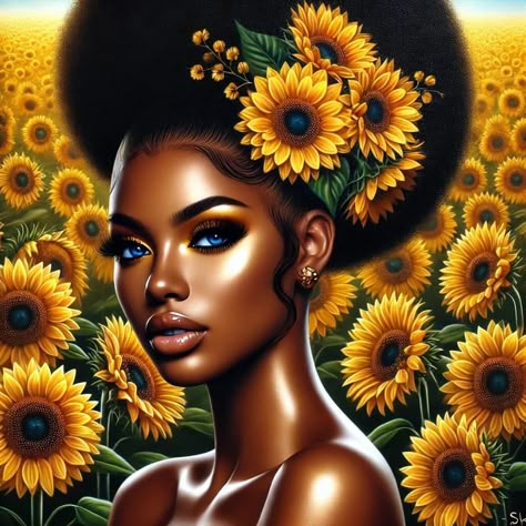 Black Queen Art, Oshun Goddess, Hair Heart, Natural Girl, Urban Beauty, Flowers In Her Hair, Queen Art, Africa Art, Black Artwork