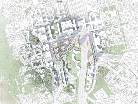 Gallery of Lahdelma & Mahlamäki Create Triangular Towers for a New High-Rise District in Helsinki - 18 Isometric Site Plan, Site Context Diagram, Axonometric Site Plan, Context Map Architecture, Site Axonometric, Massing Model, Context Map, Urban Landscape Design, Holland Park