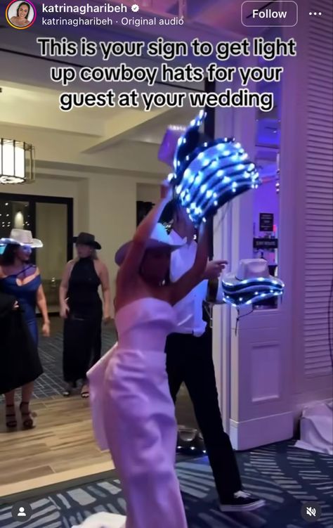 Wedding Light Up Cowboy Hats, Light Up Cowboy Hat Wedding Reception, Cowboy Hat Wedding Reception, Light Up Cowboy Hat Wedding, Guest Entertainment, Quince Themes, Dark Wedding Theme, Wedding Reception Lighting, Western Themed Wedding