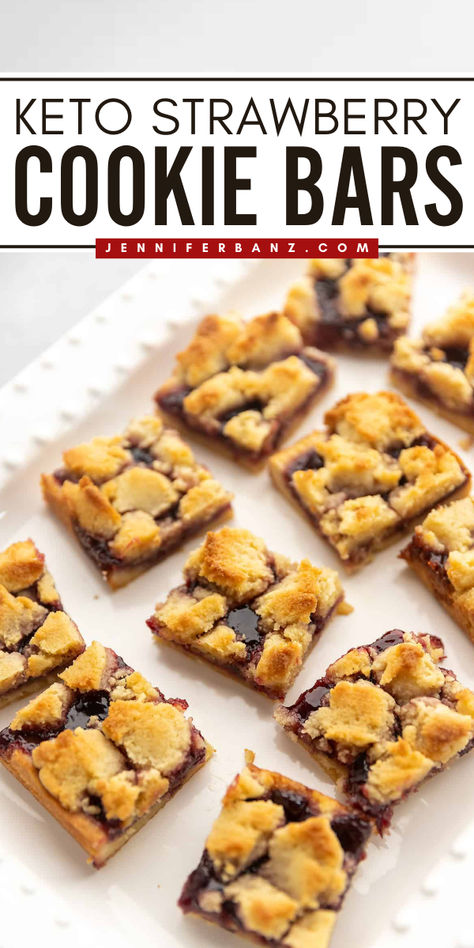 Bake up these Keto Strawberry Cookie Bars! They're such a yummy summer dessert. Filled with sugar-free strawberry jam, this cookie bar recipe is a 4th of July sweet that both kids and adults will love! Sugar Free Strawberry Jam, Strawberry Cookie, Ketogenic Desserts, Keto Cookie Recipes, Low Carb Ice Cream, Low Carb Drinks, Jam Cookies, Cookie Bar, Strawberry Cookies