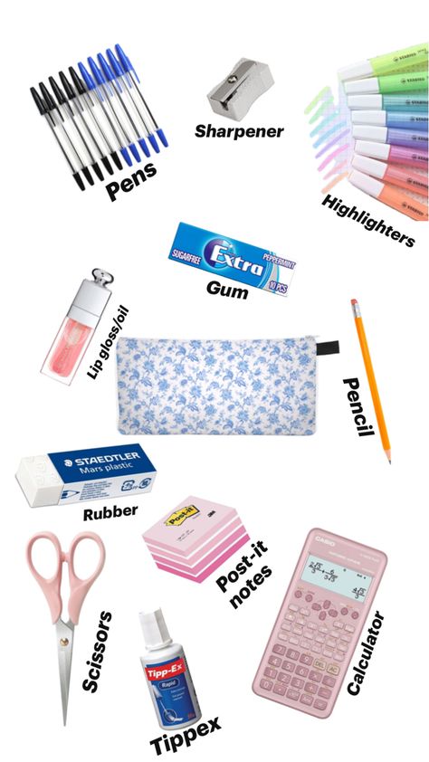 Essential items to keep in your pencil case! Extra Peppermint Gum, Pencil Case Essential, School Wishlist, School Pencil Case, School Bag Essentials, Note 7, Essential Items, Essential Bag, Post It Notes