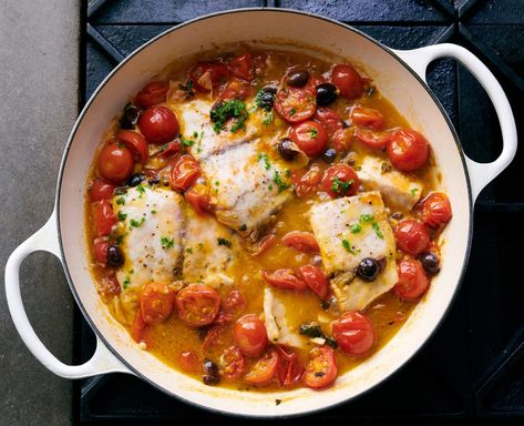 Barramundi with Tomatoes and Olives | The Better Fish® Barramundi by Australis Aquaculture Braised Cod, Cod With Tomatoes, Barramundi Recipes, Mediterranean Cooking, Fish Dinner Recipes, Fish Fillets, Sauteed Kale, Sustainable Seafood, Fish Dinner