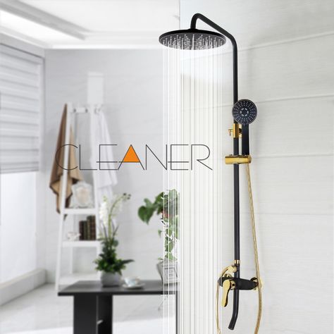 Black Gold-plated Wall Mounted Bath Shower Set Faucet Rotation Tub Spout + Handheld Shower Spray + Rainfall Head + Single Handle#gold-plated Gold Shower Fixtures, Gold Shower Head, Oil Rubbed Bronze Shower, Rain Shower System, Shower Spray, High Pressure Shower Head, Gold Shower, Shower Fixtures, Shower Faucet Sets