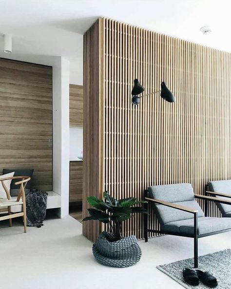 Interior Design | Wood Slat Screen Wall Flagstone Terrace, Timber Screening, Minimal Apartment, Wood Slat Wall, Wood Interior Design, Wood Interiors, Slat Wall, A Living Room, Wood Slats