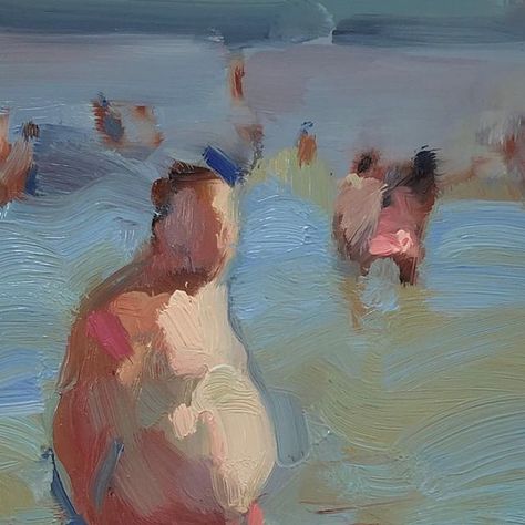 Ingrid Christensen on Instagram: "Playing on Mylar today. I love the slick feel under the brush- very appropriate for watery subjects. #beach #oilonmylar #figurativeart #figuresketch #gesture #contemporaryfigurativeart #bigman #ingridchristensen #canadianartist" Contemporary Figure Painting, Oil Pastel Figure Drawing, People In Water, Ingrid Christensen, Figural Painting, Oil Painting Beach, Figurative Art Painting, Abstract Figure Art, Dynamic Art