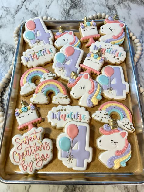 A fun unicorn birthday theme! 🦄... - Sweet Creations by Bre 3rd Birthday Party Unicorn Theme, Unicorn Cookies Birthday, Unicorn Themed Cookies, Unicorn Birthday Party Cookies, Unicorn Decorated Cookies, Unicorn Cookies Decorated, Unicorn Birthday Cookies, Unicorn Sugar Cookies, Unicorn Birthday Theme