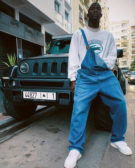 Dungaree Men Outfit, Overall Men Outfits Street Styles, Overall Fits Men, Blue Overalls Outfit Men, Mens Overalls Outfits 90s, Overalls Outfit Men Street Styles, Overalls Men Outfits, Black Men’s Overalls Outfit, Overalls Outfit Streetwear