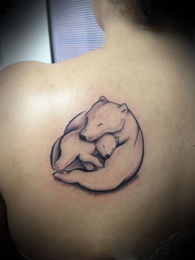 Mother polar bear embracing a cub and this expresses compassionate feelings. This tattoo symbolizes family union. Tags: Cute, Nice, Easy, Daughter, Mother, Meaningful Momma Bear Tattoo, Baby Bear Tattoo, Polar Bear Tattoo, Mother Son Tattoos, Tattoo Son, Cubs Tattoo, Bear Tattoo Designs, Bear Tattoos, Mother Tattoos