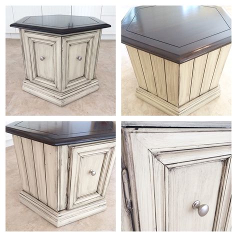 Octagon end table refinished in Rethunk Junk paint French vanilla with dark glaze and stain top. #ourjunkyourtrunk #breakthechalkhabit #rethunkjunk Boho Side Tables, Bedroom Makeover Boho, Rethunk Junk Paint, Rethunk Junk, End Table Makeover, Octagon Table, Western Furniture, Furniture Rehab, Table Makeover