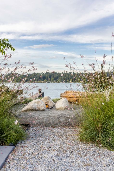 Log Seating, Seattle Beach, Beach House Landscaping, Planning Garden, Gravel Path, Stone Fire Pit, Mercer Island, Garden Seating, House Landscape