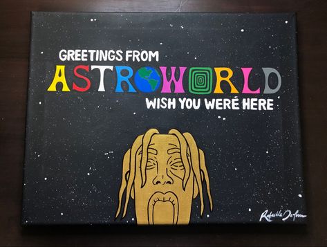 #painting #paint #art  #astroworld #travisscott #diy #diycrafts #giftideas #canvas  #hiphop #rap #diygifts #music #colors #vibes #aesthetic #gold #artsandcrafts #craft Trap House Painting, Rap Canvas Paintings, Astro World Painting, Astroworld Drawing, Astroworld Painting, Ako Kresliť, Lisbeth Zwerger, Color Wheels, Graphic Wall Art