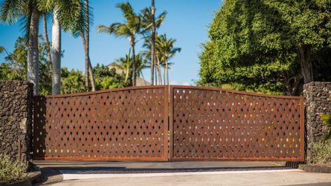 Garden Door Ideas, Front Fence And Gate, Steel Fence Ideas, Southwest Landscaping, Steel Gates, Hood Canal, Metal Gate, Outdoor Fencing, Front Fence