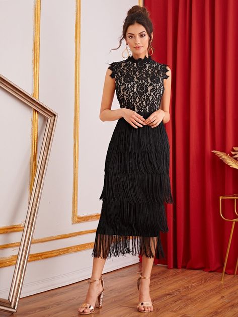 Pencil Dress Outfit, Layered Fringe, Stand Collar Dress, Casual Dresses For Teens, Glamorous Fashion, Long Sleeve Velvet Dress, Cute Casual Dresses, Prom Shoes, Dress Silhouette