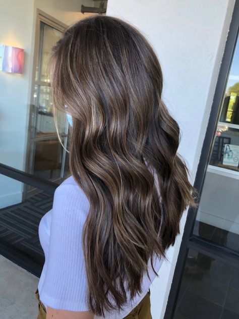 Medium Length Brown Hair With Dimension, Cool Tone Brown Balayage, Brown Hair Bayalage, Babylights Brunette Dark, Long Hairstyles Brunette, Cool Tone Highlights Brunettes, Cool Tone Brown Hair With Highlights, Sunkissed Brunette Balayage, Cool Toned Brown Hair Balayage