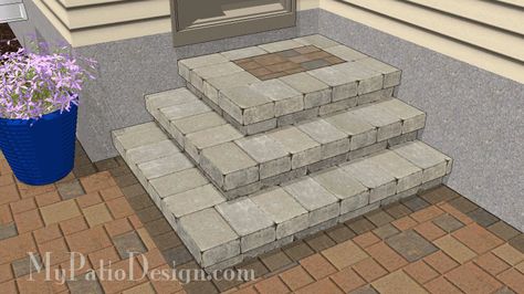 Beautiful Tumbled Block Creates Cascading Steps for Your Patio. | Download Installation Plans at MyPatioDesign.com Patio Step, Paver Patio Installation, Paver Steps, Patio Blocks, Pergola Decorations, Led House Numbers, Cascade Design, Patio Plans, Brick Steps